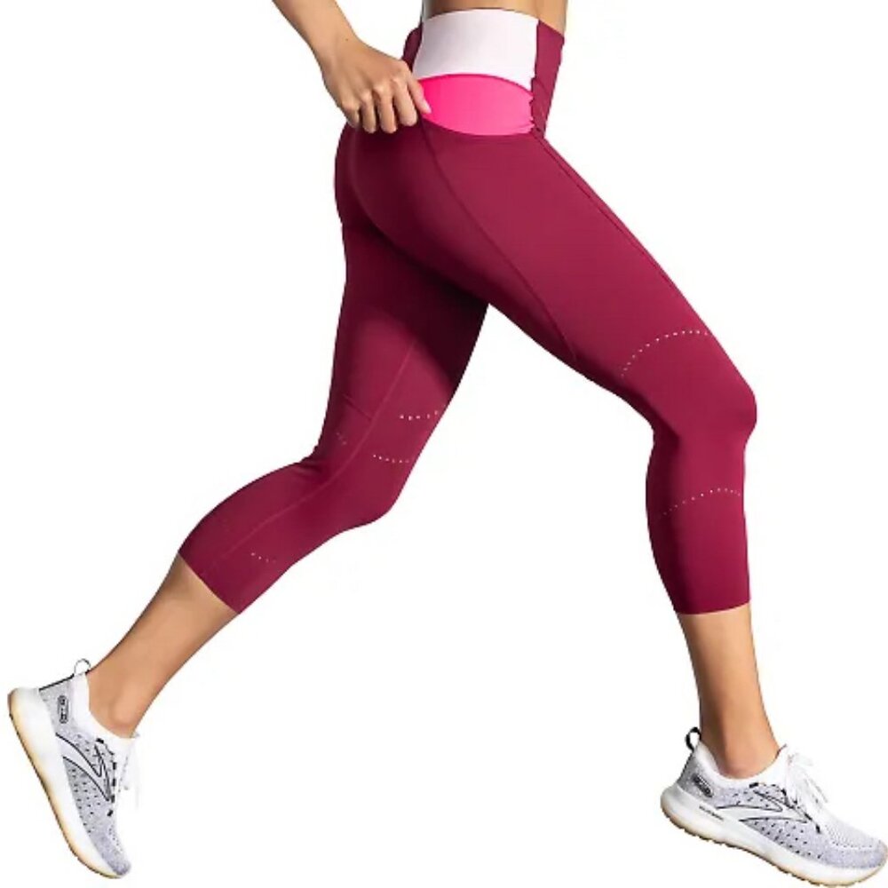 NWT BROOKS Method 3/4 Capri Crop Tights Leggings Raspberry Colorblock M